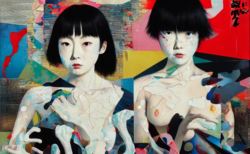 Image similar to decollage painting young japanese actress struggling in a ruined city by adrian ghenie and takato yamamoto and edward hopper and mark ryden and tsutomu nihei, part by bridget riley, acrylic pour and splashing paint, very coherent, baroque elements, perfect anatomy, intricate design. pop art.