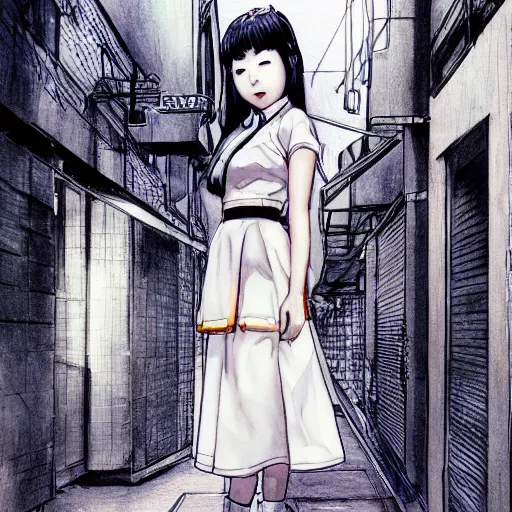 Image similar to a perfect, realistic professional digital sketch of a Japanese schoolgirl posing in a sci-fi alleyway, style of Marvel, full length, by pen and watercolor, by a professional American senior artist on ArtStation, a high-quality hollywood-style sketch, on high-quality paper