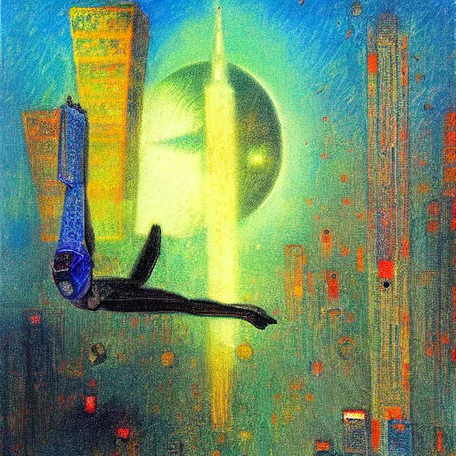 Prompt: cyborg flying on futuristic city by odilon redon