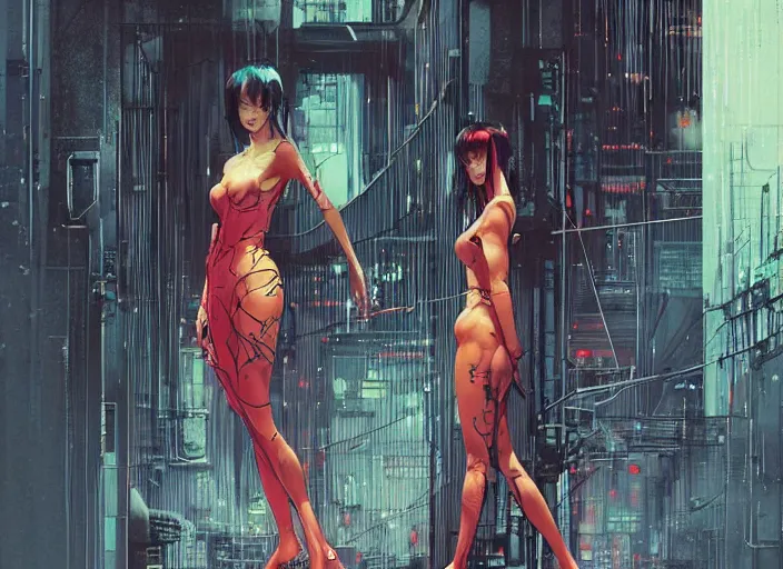 Image similar to lee jin - eun exiting kyoto gion from in cyberpunk theme by peter andrew jones and conrad roset, rule of thirds, seductive look, beautiful