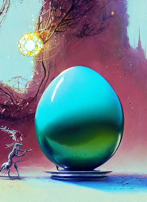 Image similar to faberge - adamant egg and andel shine, hyperrealism, no blur, 4 k resolution, ultra detailed, style of alexander trufanov, ismail inceoglu, tyler edlin, syd mead, carlos schwabe