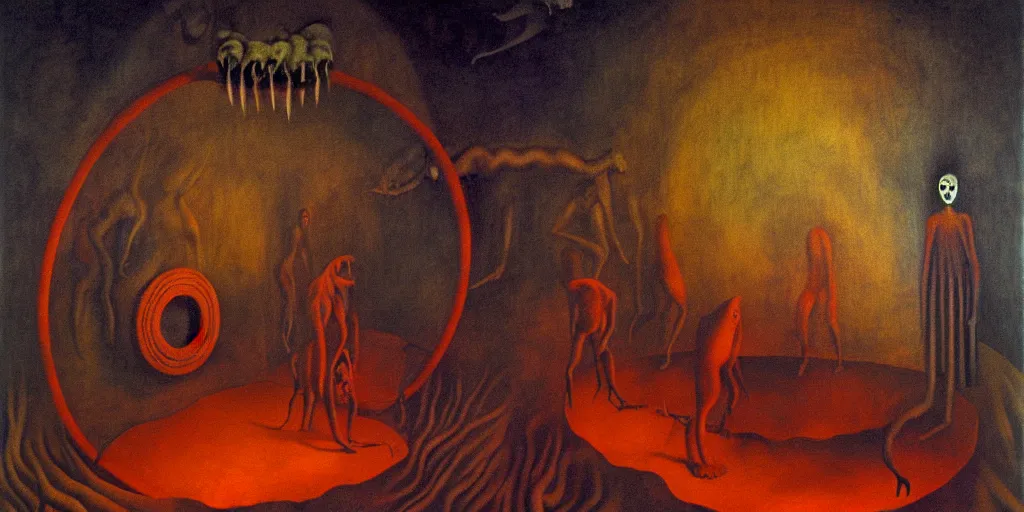 Image similar to trapped on a hedonic treadmill, dark uncanny surreal painting by leonora carrington, dramatic lighting from fire glow, mouth of hell, ixions wheel