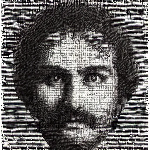 Prompt: A realistic portrait of the face that everyone in the world finds familiar by Gustave Dore in ASCII art style