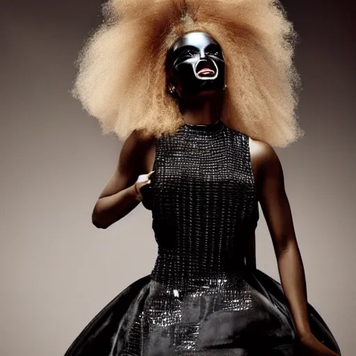 Image similar to Close up of a beautiful black female fashion model with huge hair wearing a black robotic dress, in art-deco black marble hall ,vogue magazine editorial