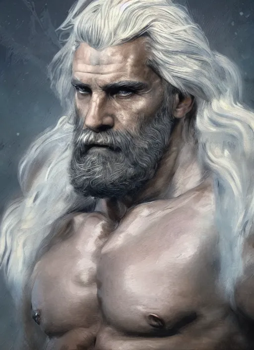 Image similar to painted portrait of rugged zeus, greek god, white hair, masculine, mature, handsome, upper body, muscular, hairy torso, fantasy, intricate, elegant, highly detailed, digital painting, artstation, concept art, smooth, sharp focus, illustration, art by gaston bussiere and craig mullins