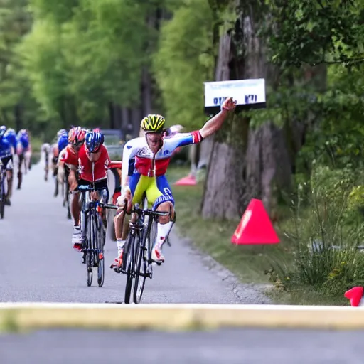 Image similar to bicycle race rider throwing his hands in the air as he wins the race while falling of his bike