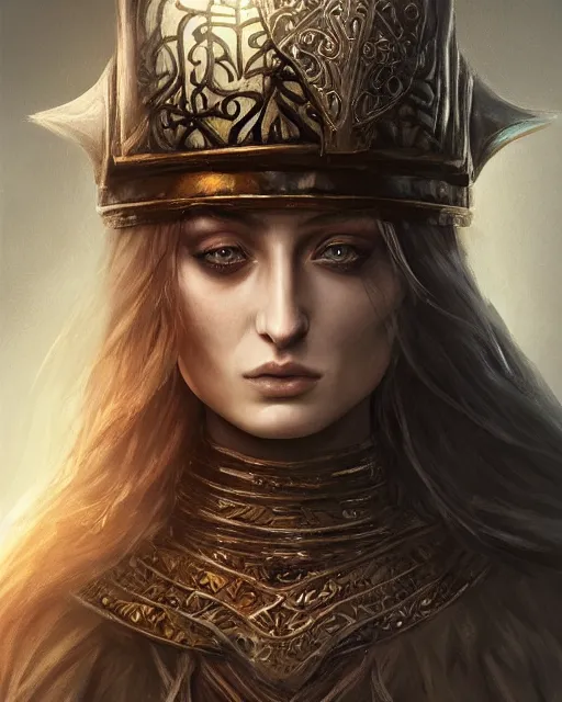 Prompt: Sophie Turner as the fire keeper from Dark Souls 3, highly detailed face portrait by Ross Tran and Angel Ganev, photorealistic, RTX ON, trending on cgsociety