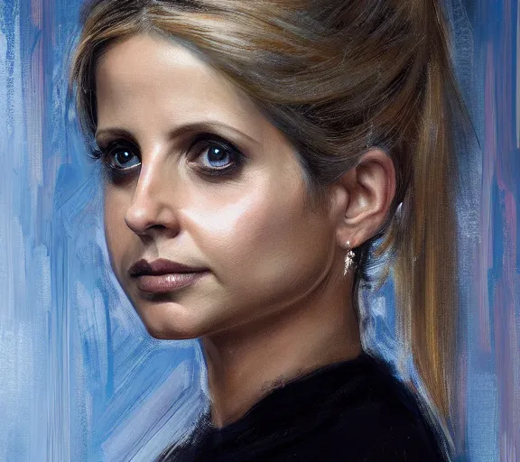 Prompt: a hyper-detailed portrait of Sarah Michelle Gellar; Sarah Michelle Gellar by Craig Mullins; oil on canvas; trending on artstation; 90mm; f/1.4