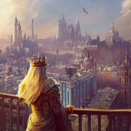 Prompt: a wizened queen looks down on her city from the palace balcony, fantasy art by greg rutkowski