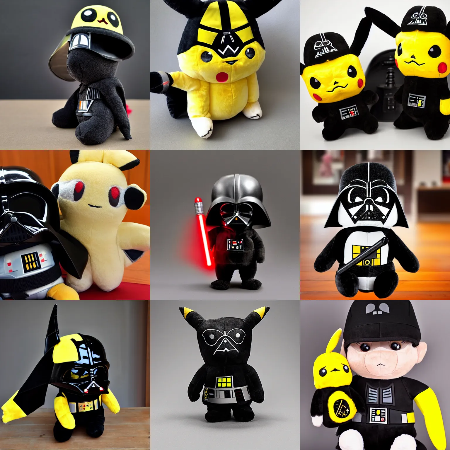 Prompt: Pikachu wearing a Darth Vader helmet and holding a lightsaber, detailed features, Plush toy, stuffed animal