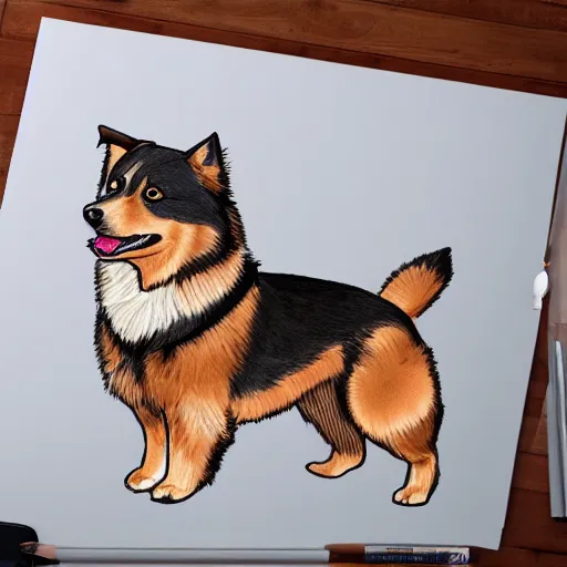 Image similar to detailed drawing of an excited brown and tan domino finnish lapphund, studio ghibli art style