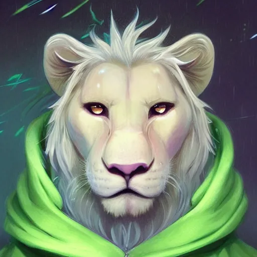 Image similar to aesthetic portrait commission of a albino male furry anthro lion in a rainy utopian city while wearing a cute green jacket cozy soft pastel winter outfit with pearls on it, rainy atmosphere. character design by charlie bowater, ross tran, artgerm, and makoto shinkai, detailed, inked, western comic book art, 2 0 2 1 award winning painting