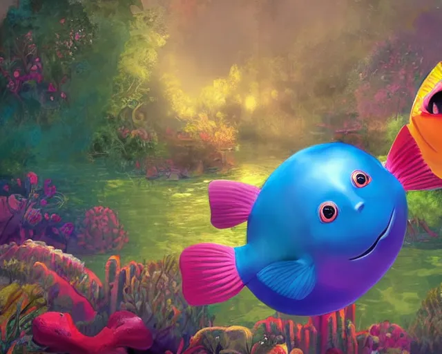 Prompt: of a very beautiful scene. a sweet fat little girl is in love with a huge, colorful and beautiful fish. hyper realistic. 4 k. wide angle. in the baroque style. wild. symmetrical face, red mouth, blue eyes. deep focus, lovely scene. processing block environment. concept art. unreal engine.