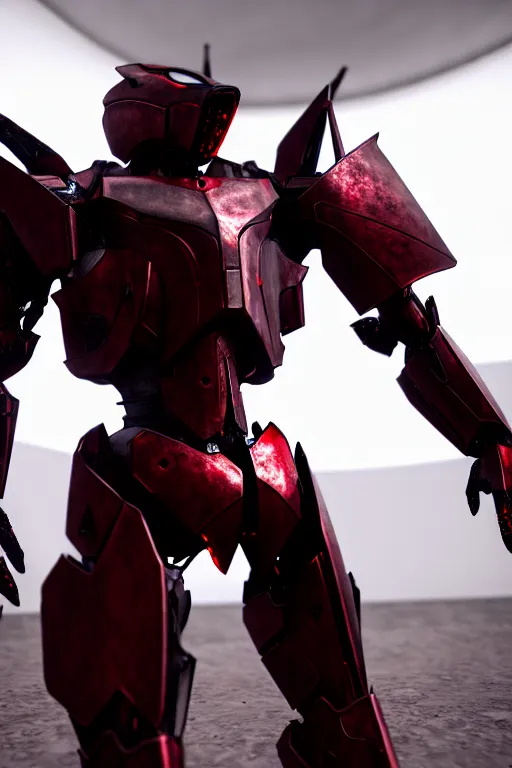 Image similar to hyper detailed 8 k cg cinematic still, rendering with volumetric lightning and ray tracing, crimson skinny full body armored core, weathering armor plating, endoekeleton exposure