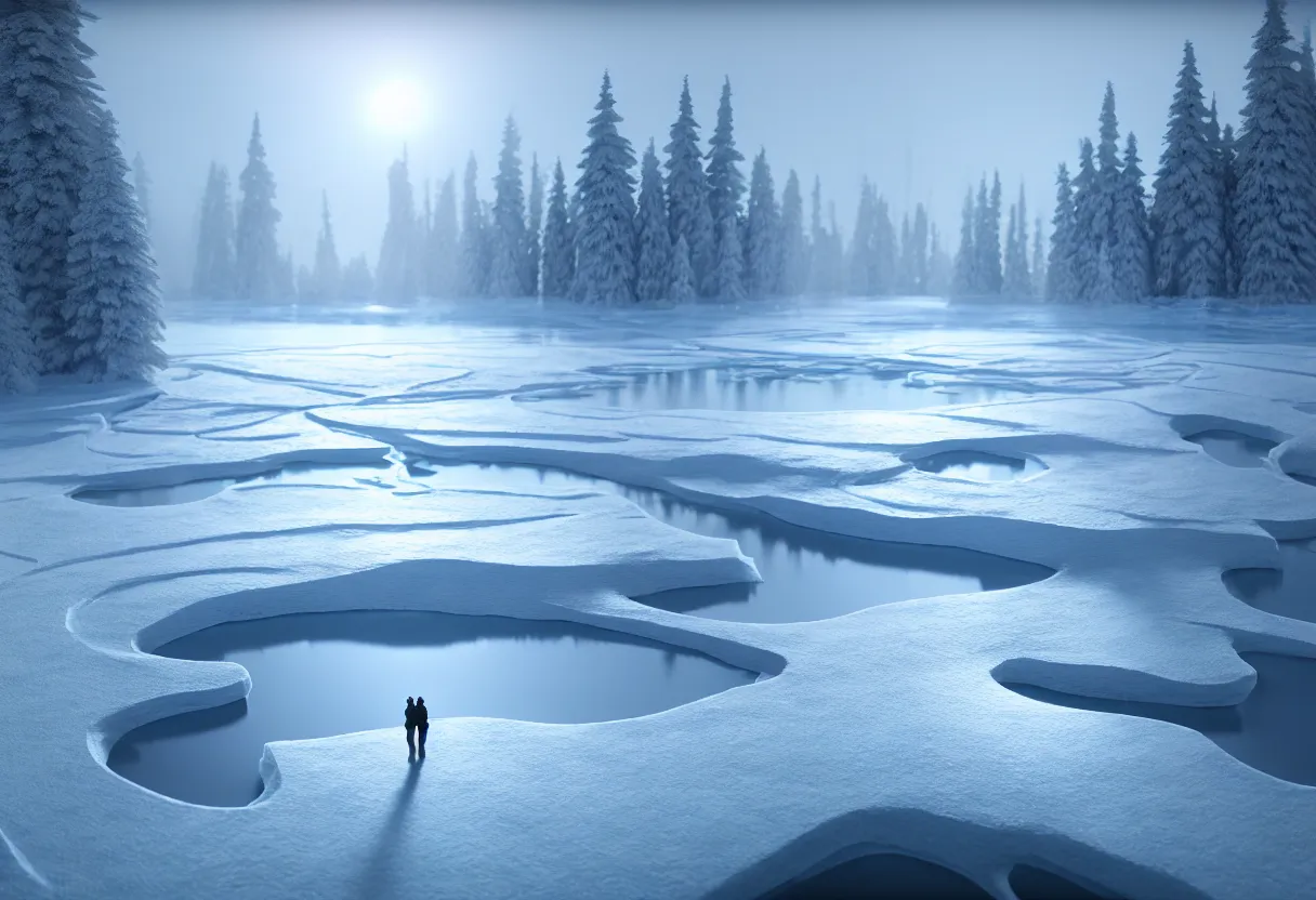 Image similar to inside of flowing frozen lake winter landscape of human mind and imagination, matte painting, beautiful render, octane render, concept art