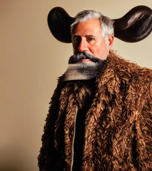 Image similar to detailed attractive characther portrait of jimmy faloon wearing oversized cow skin jacket and gold beard, realistic, wide angle, dramatic light 8 k