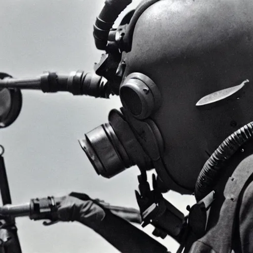 Image similar to a heavily armored man wearing a gasmask, in a surrealist landscape, film still, arriflex 3 5