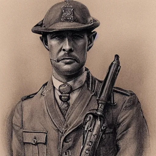 Image similar to a detailed photorealistic sepia - toned color line drawing of a 1 9 1 7 worried clean - shaven british lieutenant in detailed field gear not wearing a hat in wadi rum, ultra realistic, painted, intricate details, symmetrical features, lovecraft, atmospheric, dark, horror, brooding, highly detailed, by clyde caldwell