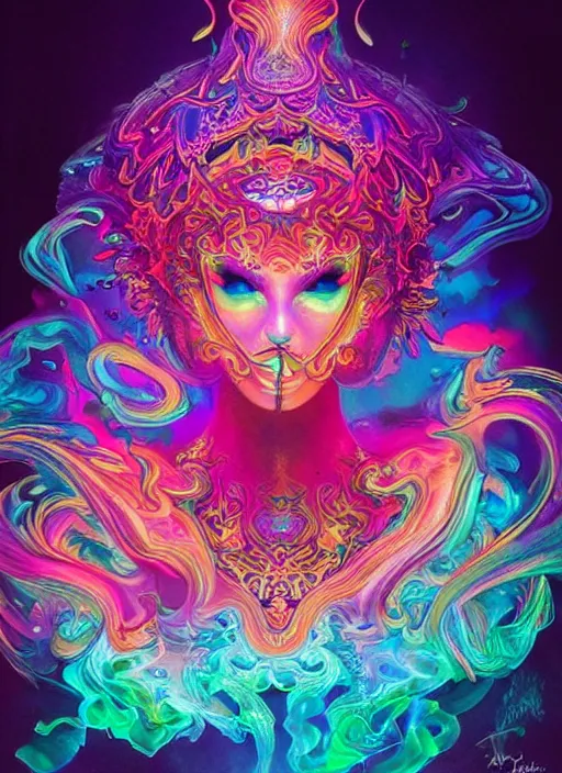 Image similar to psychedelic [ [ [ [ chemiluminescence ] ] ] ] elegant woman chakra spirit with smoke and fluid dynamics, colorful, psychedelic, ornate, intricate, digital painting, concept art, smooth, sharp focus, illustration, blacklight reacting, art by artgerm and greg rutkowski