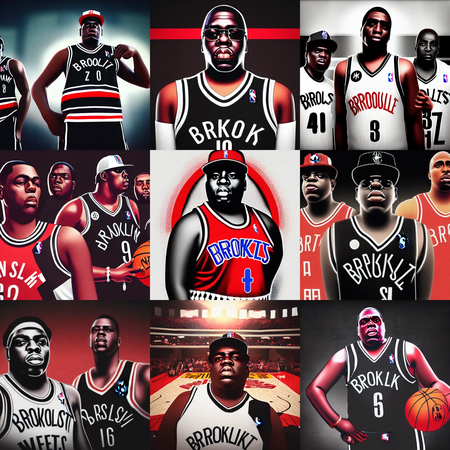 Prompt: portrait of east coast west coast showdown, biggie smalls, brooklyn nets, tupac, clippers jersey, octane render, trending on artstation