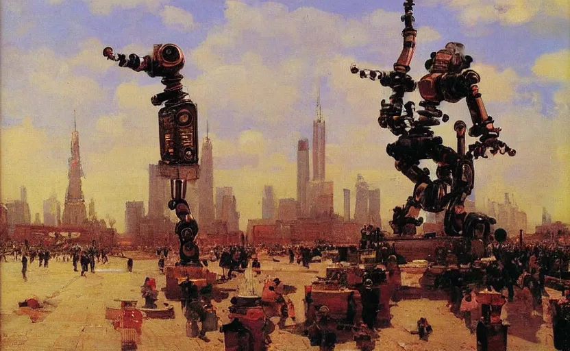 Prompt: high quality high detail painting by ilya repin, robots taking over the city, hd