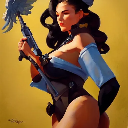 Image similar to greg manchess portrait painting of overwatch's characters as pinup art, medium shot, asymmetrical, profile picture, organic painting, sunny day, matte painting, bold shapes, hard edges, street art, trending on artstation, by huang guangjian and gil elvgren and sachin teng