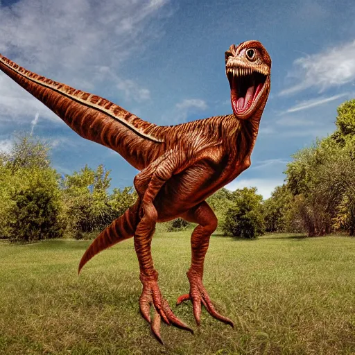 Image similar to Full body pose of velociraptor in style of Dave Hill Photograph