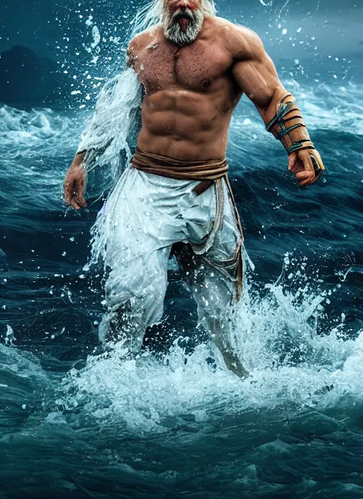 Image similar to rugged zeus in the ocean, god of thunder, greek god, white hair, masculine, powerful, handsome, upper body, white robe, in mortal kombat, splash art, movie still, cinematic lighting, dramatic, octane render, long lens, shallow depth of field, bokeh, anamorphic lens flare, 8 k, hyper detailed, 3 5 mm film grain