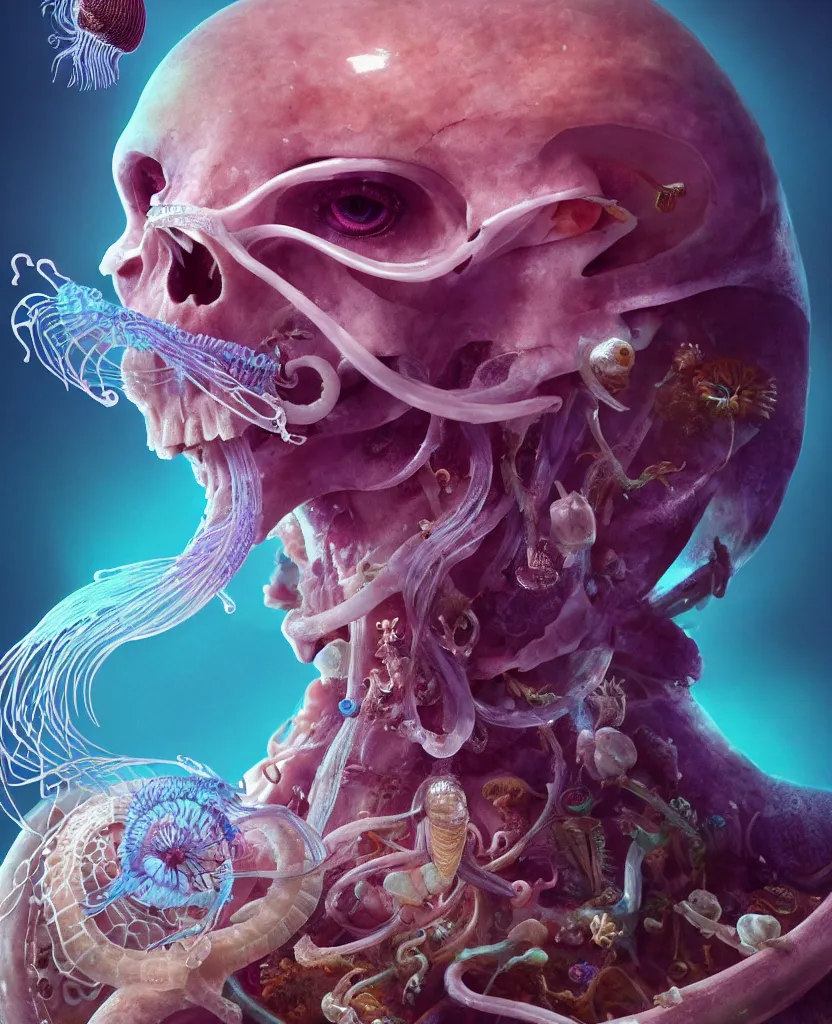 Image similar to goddess close-up portrait ram skull, thorax, x-ray, backbone, jellyfish phoenix head, nautilus, orchid, skull, betta fish, bioluminiscent creatures, intricate artwork by Tooth Wu and wlop and beeple. octane render, trending on artstation, greg rutkowski very coherent symmetrical artwork. cinematic, hyper realism, high detail, octane render, 8k