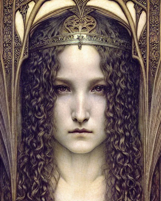 Image similar to detailed realistic beautiful young medieval queen face portrait by jean delville, gustave dore and marco mazzoni, art nouveau, symbolist, visionary, gothic, pre - raphaelite. horizontal symmetry