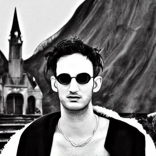 Image similar to portrait of the sandman morpheus ， no beard tom sturridge, and eyes like stars, rules dream world, with dream kingdom in the background,, wearing dark cloak