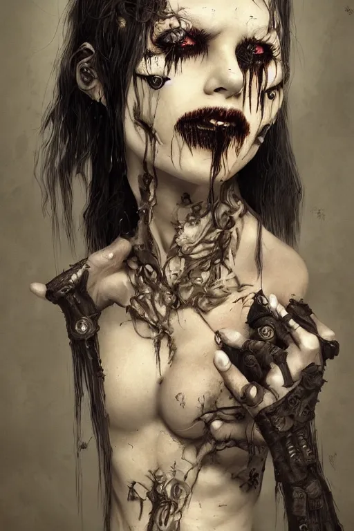 Image similar to portrait of a creepy horror punk girl . intricate abstract. intricate artwork. nightmare fuel. terrifying. by Tooth Wu, wlop, dan mumford , trending on artstation, greg rutkowski very coherent symmetrical artwork. cinematic, hyper realism, high detail, octane render, 8k