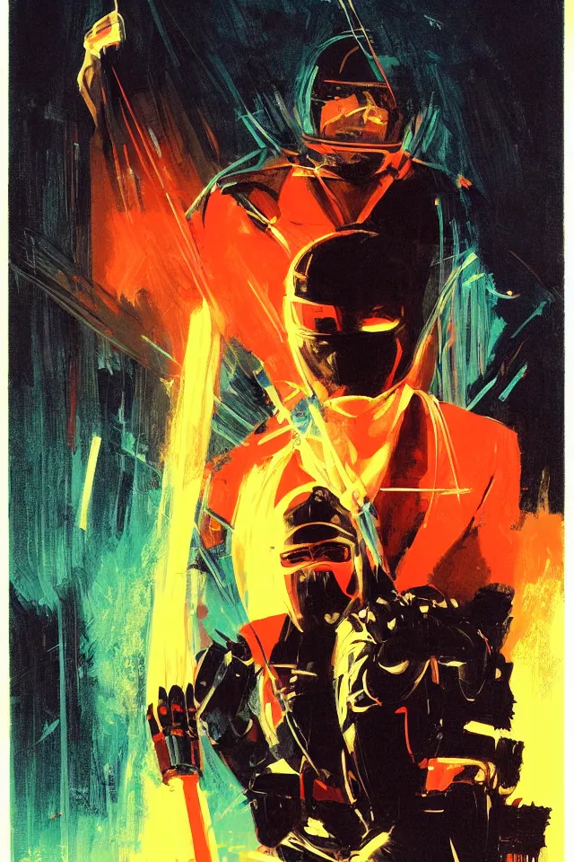 Prompt: character design, portrait, ninja, by syd mead, roger deakins, atmospheric neon rain at night, symmetry