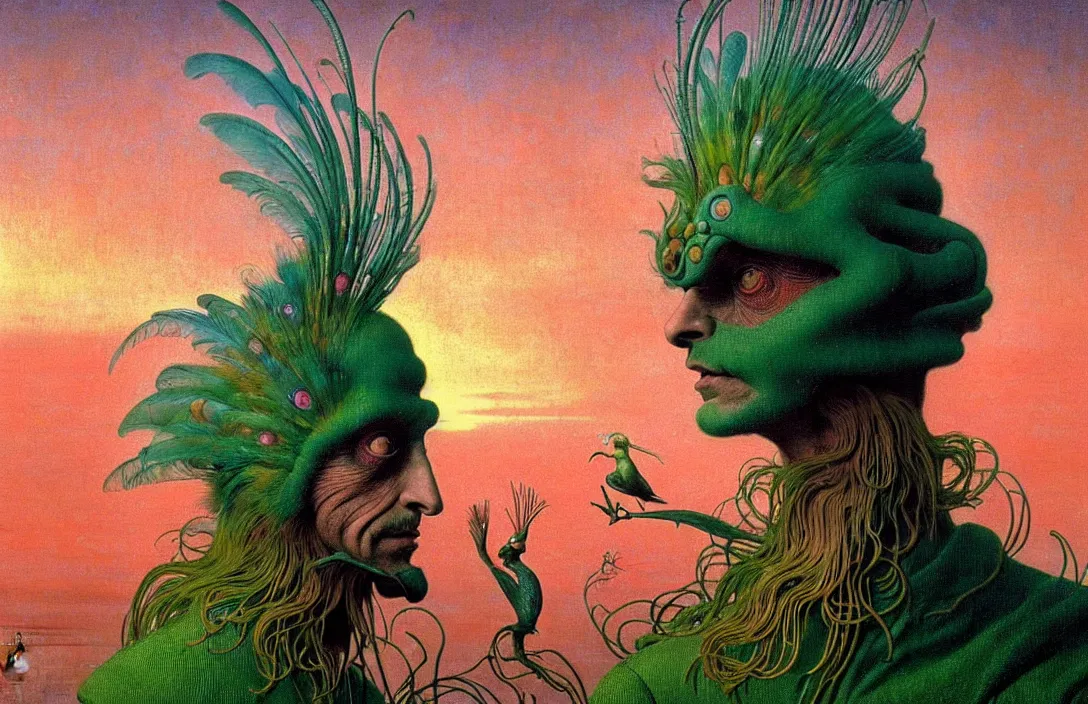Prompt: realistic detailed portrait movie shot of a birdman wearing green ragged robes, sci fi city sunset landscape background by denis villeneuve, amano, yves tanguy, alphonse mucha, ernst haeckel, max ernst, roger dean, masterpiece, rich ethereal colours, feathers, creepy, occult, blue eyes