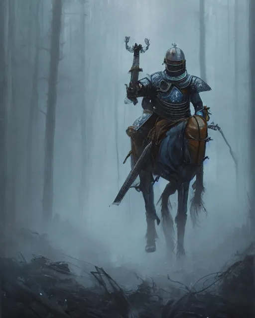 Image similar to Hyper realistic painting of a knight in rusty full plate armor wielding a greatsword, hyper detailed, surrounded by a dark forest, fog, moody, cinematic lighting, dim blue lighting, by greg rutkowski, trending on artstation