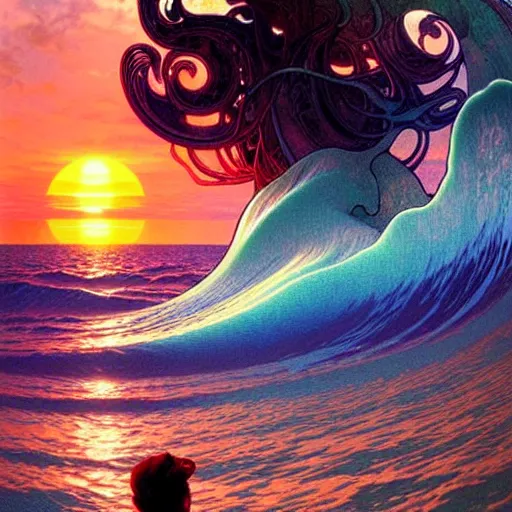 Prompt: ocean wave around ancient giant psychedelic mushroom, lsd water, dmt ripples, backlit, sunset, refracted lighting, art by collier, albert aublet, krenz cushart, artem demura, alphonse mucha