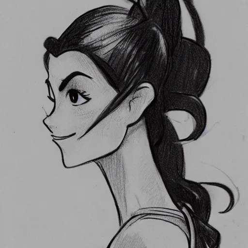 Image similar to milt kahl sketch of victoria justice with done up hair, tendrils covering face and ponytail as princess padme from star wars episode 3