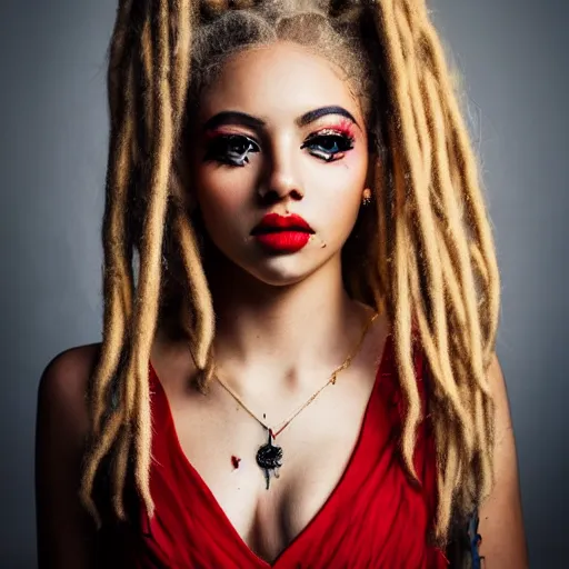 Image similar to instagram modeling headshot photography flawless young beautiful female with blonde and red dreadlocks in a black ballgown, dark, piercing clear eyes, symmetrical golden ration exotic stoic expression, photorealistic, highly detailed, mysterious lighting, smooth, sharp focus, 8 0 mm camera