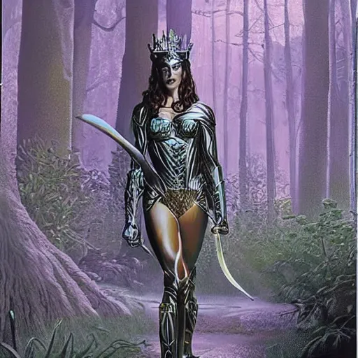Prompt: keira knigjtley as amazon queen, in a metal forest, shadows, art by michael whelan