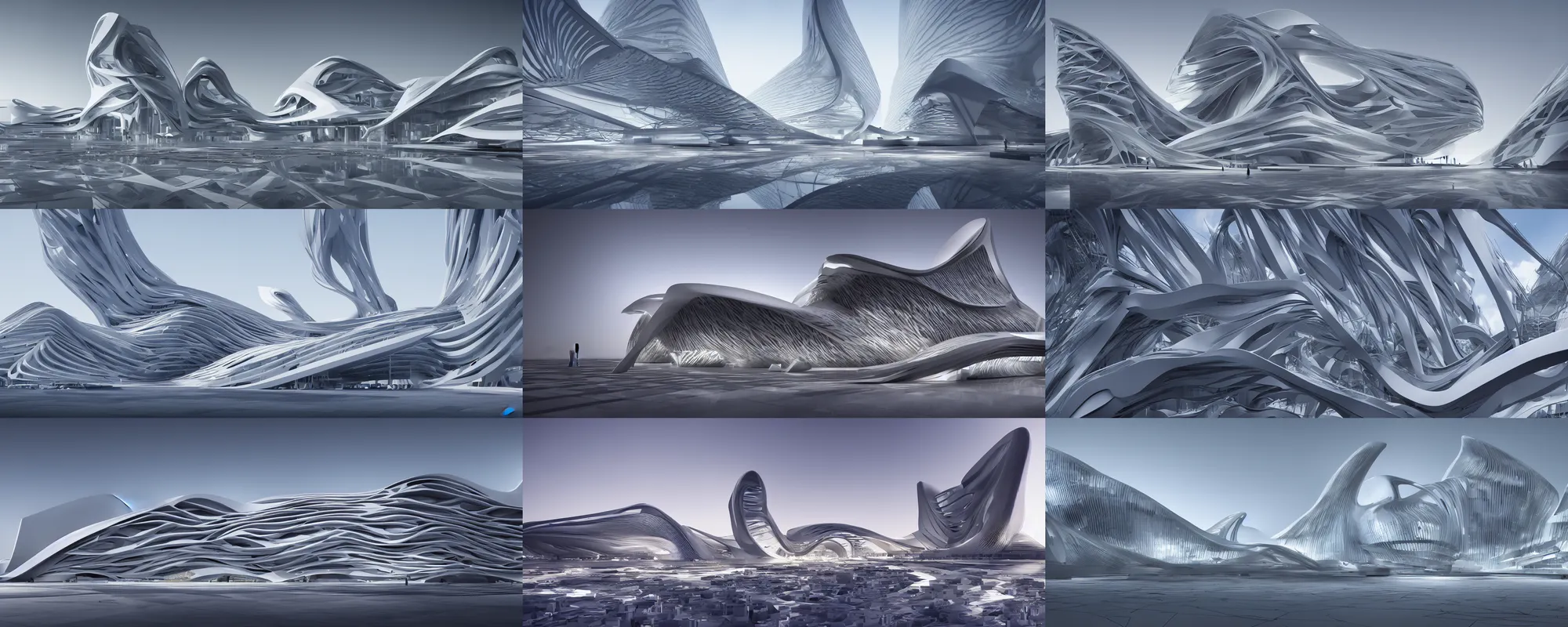 Prompt: architectural render by Zaha Hadid, cinematic, 4K