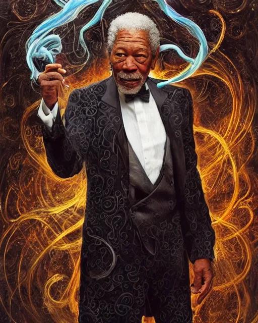 Image similar to a highly detailed portrait of Morgan Freeman as a devious male magician radiating a powerful energy aura, ornate back tuxedo, wispy tendrils of smoke, swirling vortex of energy, performance art, intricate, digital painting, old english, raining, sepia, particles floating, whimsical background by marc simonetti, art by artgerm and greg rutkowski and alphonse mucha