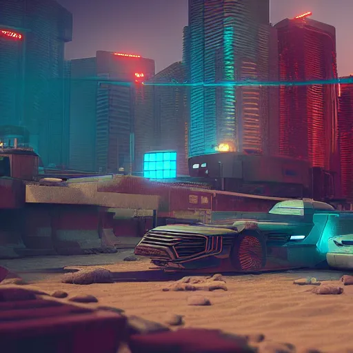 Image similar to octane render of a cyberpunkwild west, angular, beeple, earth tone color scheme, cgsociety