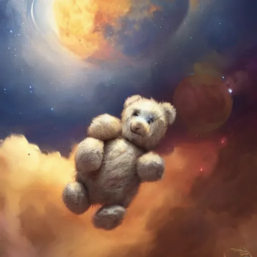 Image similar to ragged and torn teddy bear floating in space, highly detailed, Charlie Bowater character art,