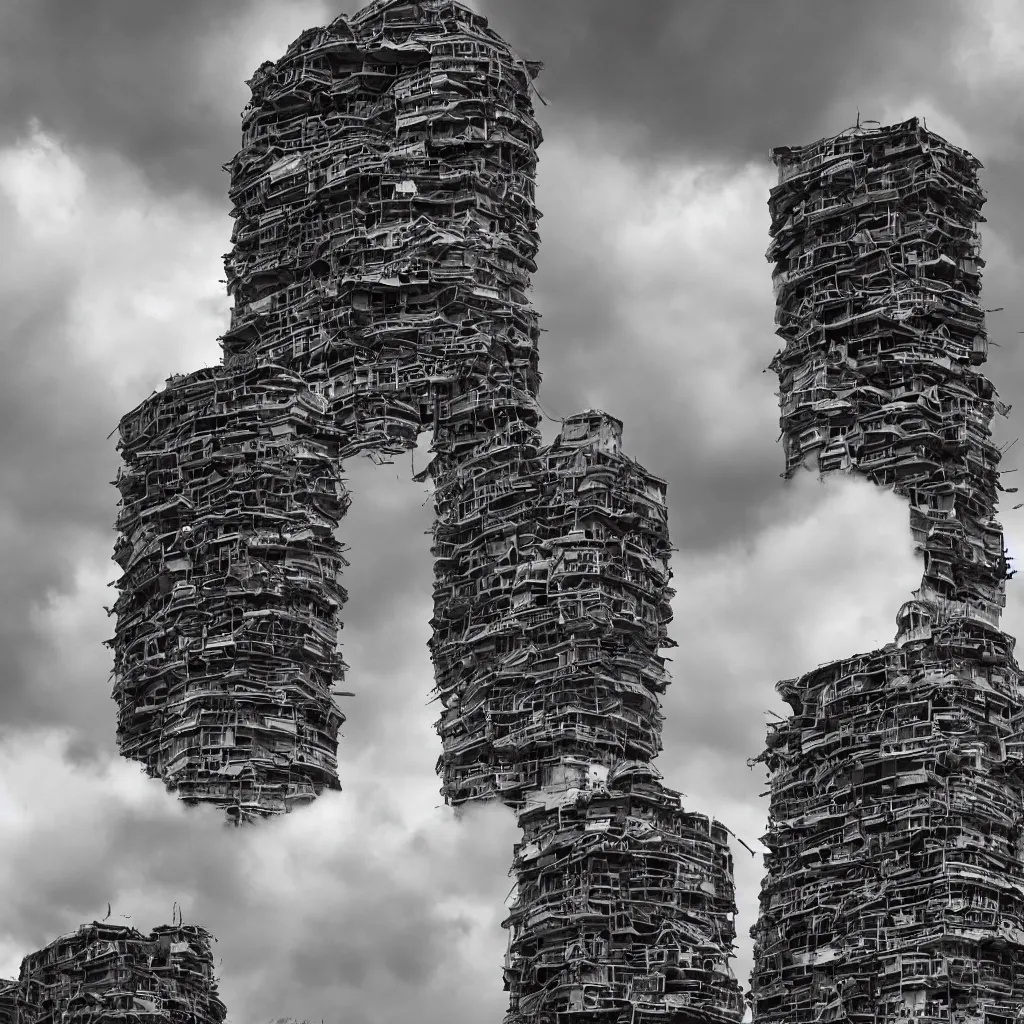 Image similar to close - up towers made up of squatter housing, bleached colours, dramatic cloudy sky, dystopia, mamiya, very detailed, ultra sharp, photographed by ansel adams