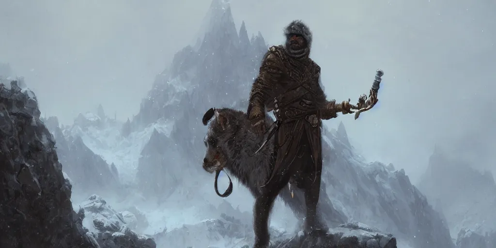 Prompt: lonely famous persian super hero with long beard having a mace in hand on a snowy peak wearing a cheetah skin coat and a steel helmet fighting a white beast, art by greg rutkowski, dark fantasy art, high detail, trending on artstation, insane details, dramatic lighting,