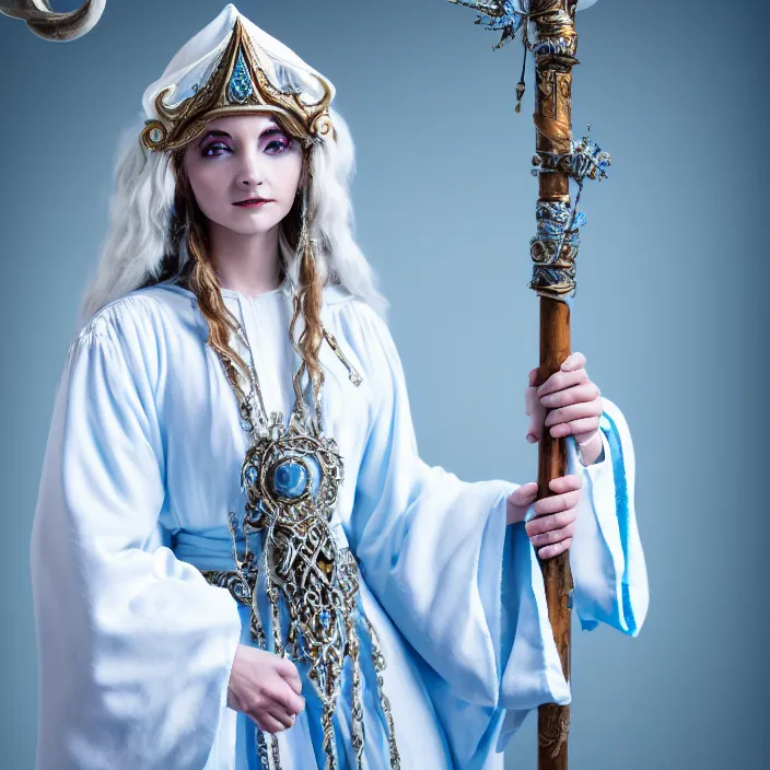 Prompt: photograph of a real-life beautiful sky witch with ornate white and light blue robes and staff. Extremely detailed. 8k