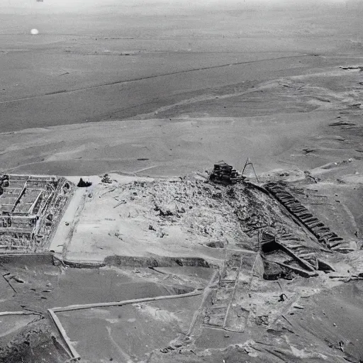 Image similar to an aerial photograph of future prospective site for a pyramid at giza with the early stages of construction and heavy scaffolding clearly visible, dslr