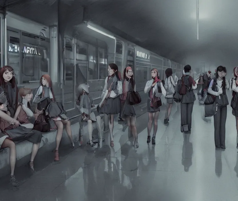 Image similar to School girls waiting on a urban train station, gloomy and foggy atmosphere, octane render, artstation trending, horror scene, highly detailded