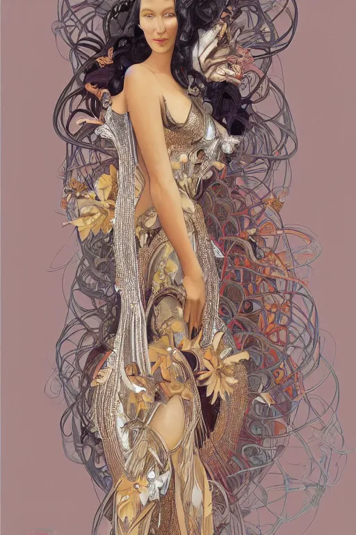 Image similar to a highly detailed painting of a beautiful alien goddess bella hadid in iris van herpen dress schiaparelli in diamonds in style of alphonse mucha art nuvo trending on artstation octane render