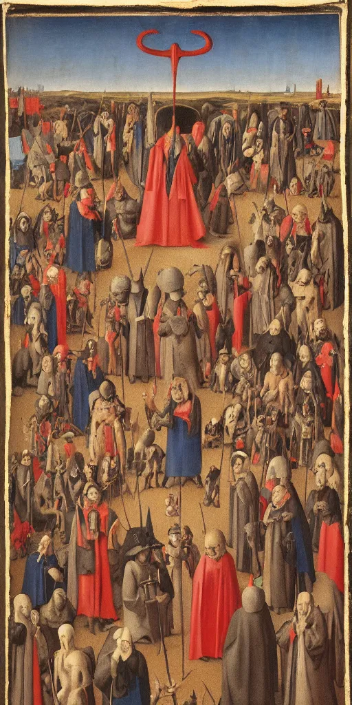 Prompt: a solemn congregation of all of the devils in hell, painted by jean fouquet